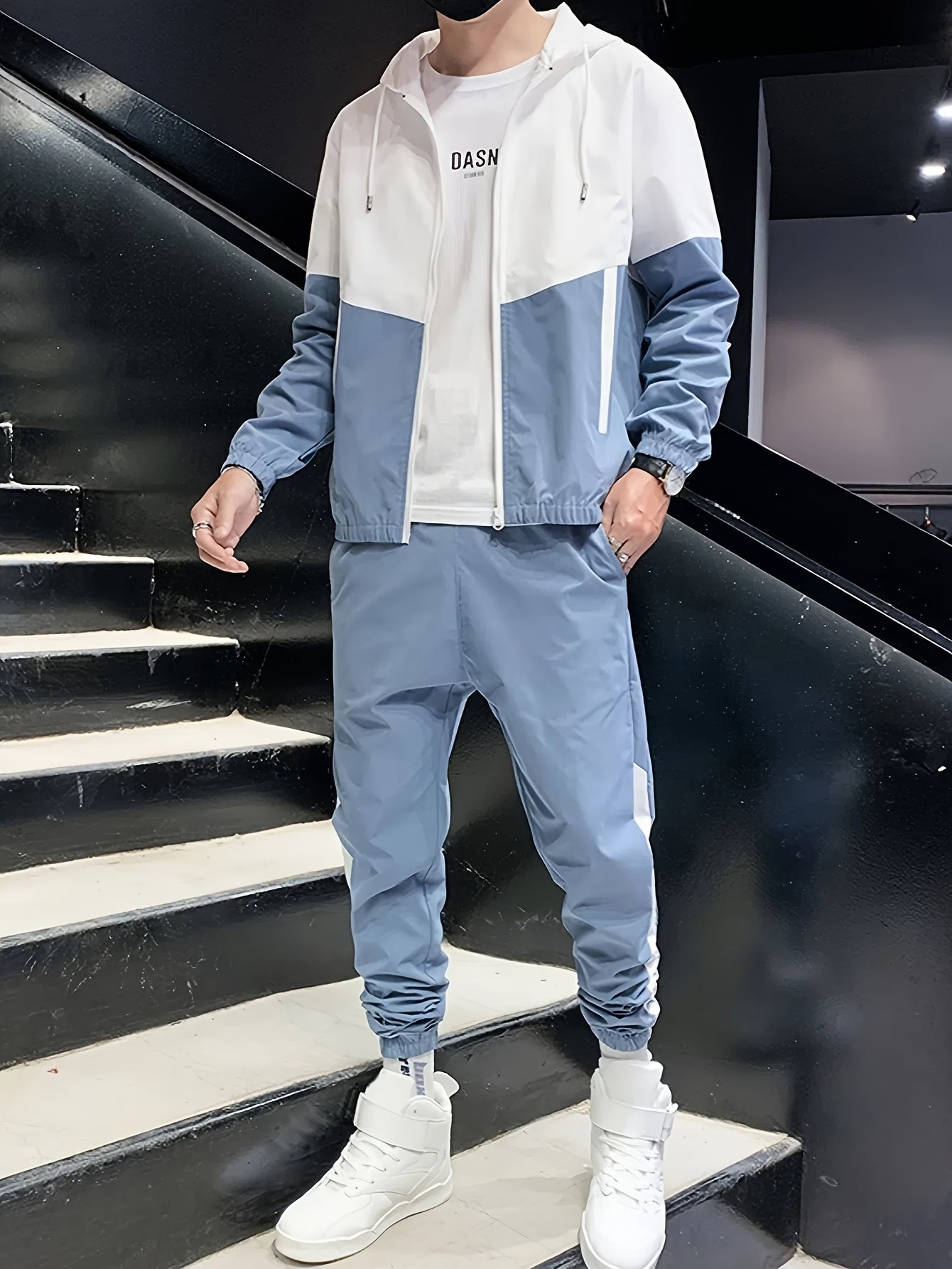 Men's Athletic Hoodie and Pants Set Blue White Color Block Polyester Spring Fall Sportswear