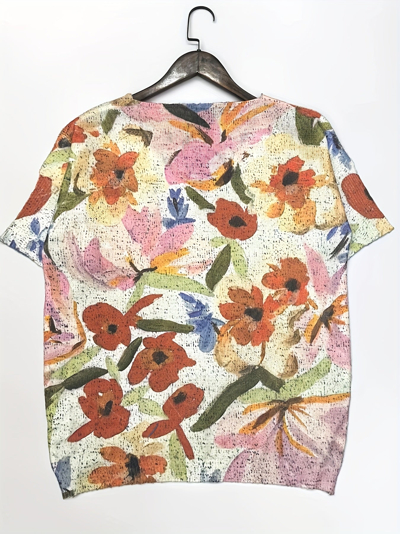 Women's Floral Print V-Neck Sweater Lightweight Knit Pullover for Spring and Fall
