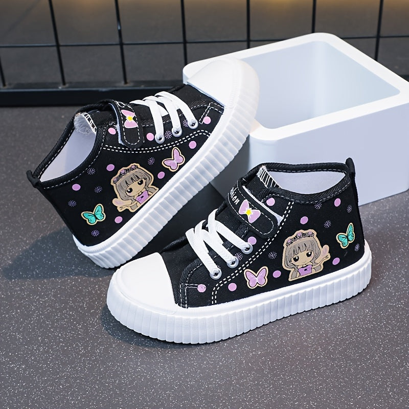 Girls' Canvas Sneakers with Cartoon Pattern, Ruffled Details, Hook-and-Loop Closure