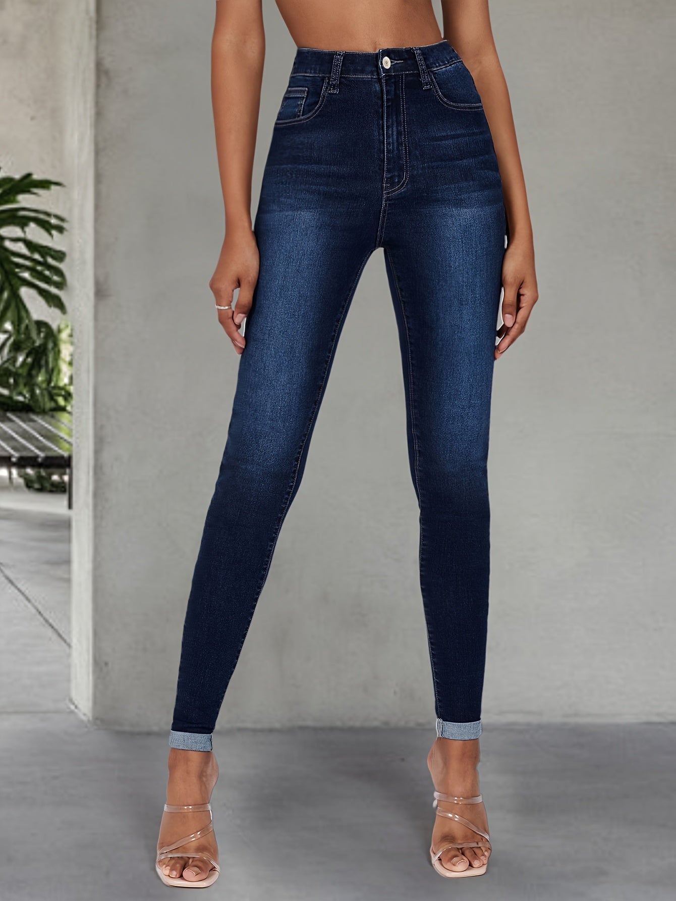 Women's High Stretch Skinny Jeans Long Length Solid Color Denim with Button Detail