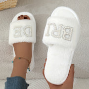 Women Pearl Letter "Better" Decor Plush Open-Toe Slides for Home and Outdoors