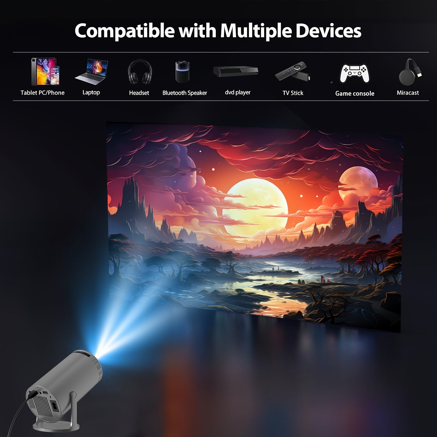 Mini simsiz HD portativ proyektor avtomatik diqqat va masofadan boshqarish bilan