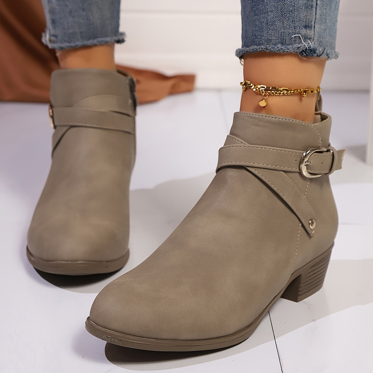 Women's Nude Short Ankle Boots Low Heel Side Zipper