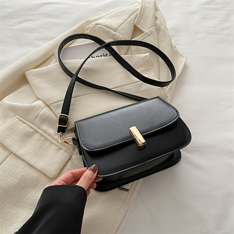 Women's PU Crossbody Bag with Adjustable Strap and Turn-Lock Closure in Black or White