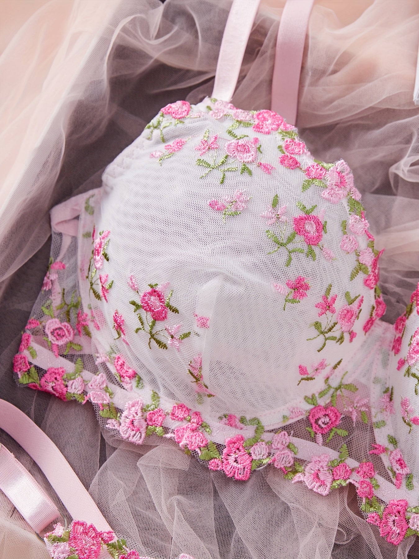 Adult Women's Floral Lingerie Set Polyester Blend Semi-Sheer with Stretch