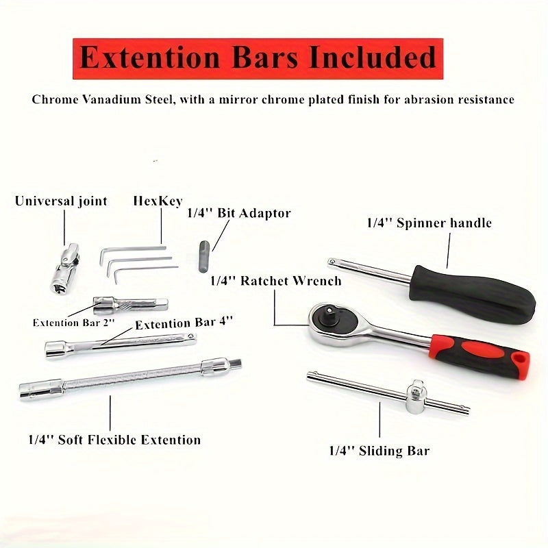 Juego de 46 piezas de llaves de vaso de 1/4 de pulgada con llave de trinquete y barra de extensión para uso en automóvil y hogar