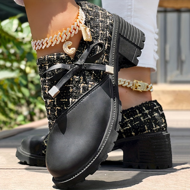 Women's Colorblock Dress Shoes with Bowknot Zipper Chunky Heel