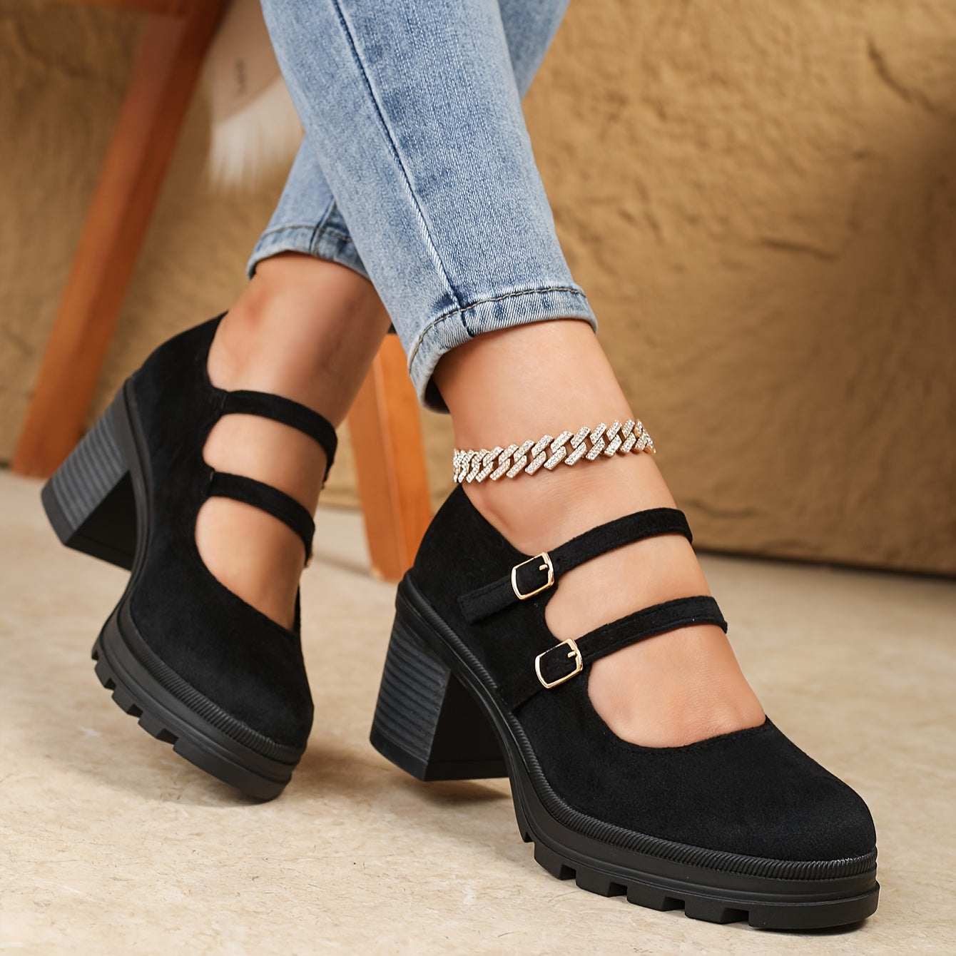 Women's Retro Chunky Heel Mary Jane Dance Shoes Beige Platform Slip-On Loafers