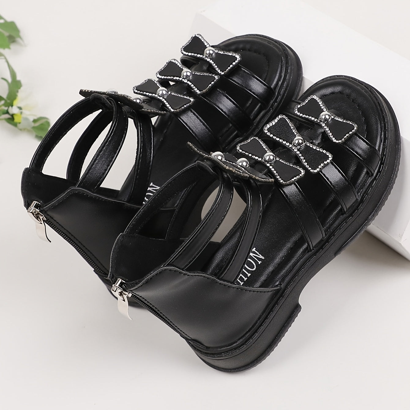 Girls Striped Mid-Top Roman Sandals with Zipper Closure PU Upper PVC Sole Summer Footwear