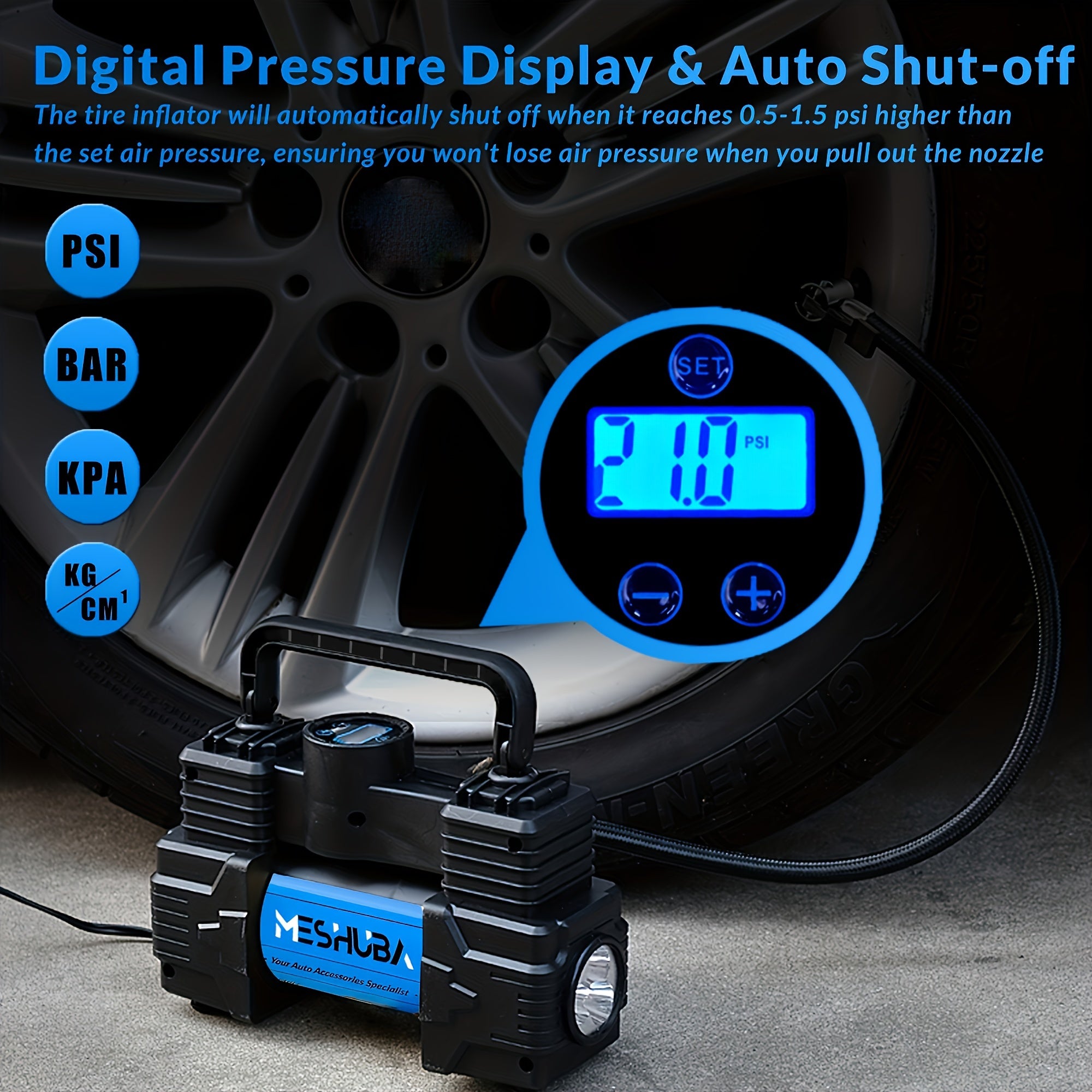 12V Portable Tire Inflator Blue with Digital Pressure Gauge and Car Plug