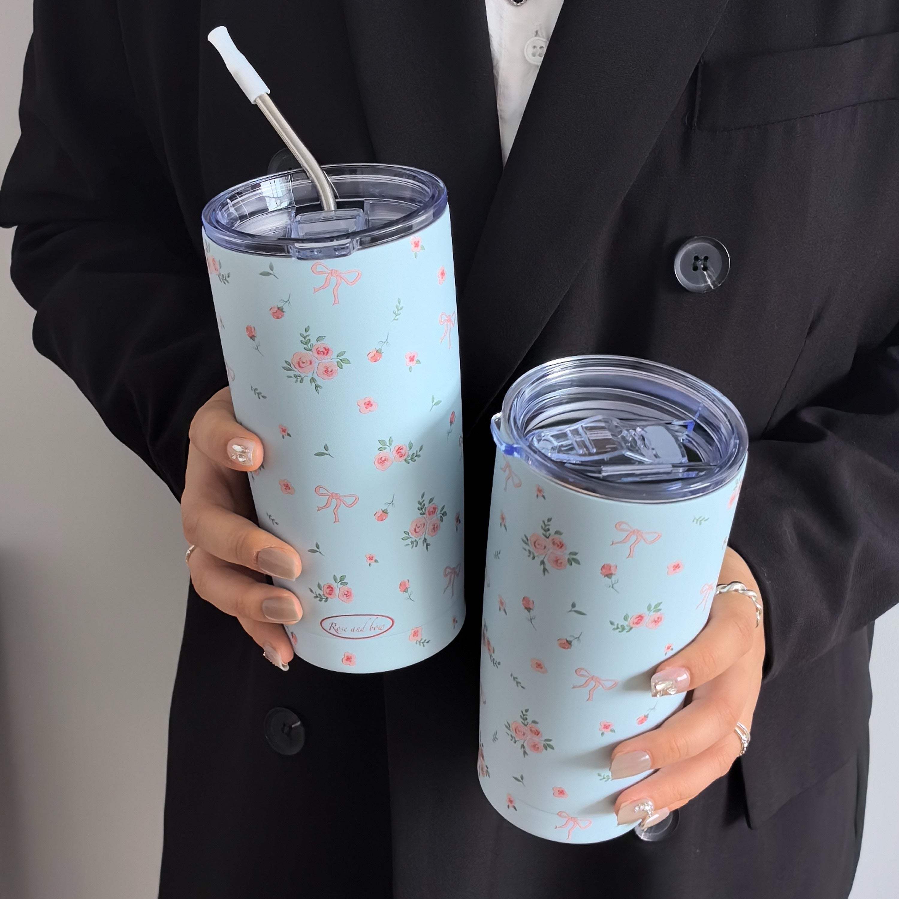 Insulated Stainless Steel Travel Mug with Rose Floral Butterfly Design Double Wall Hot Cold Beverage Tumbler