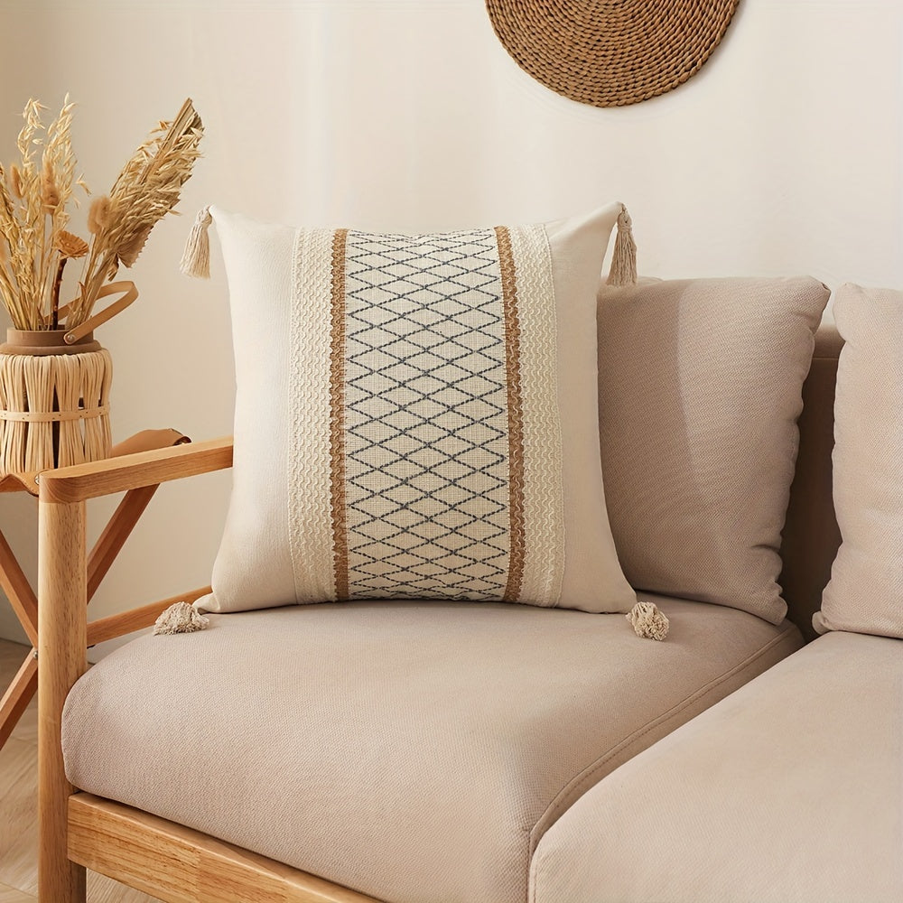 Bohemian Fringe Pillow Cover Geometric Pattern Orange Beige White Cushion Case for Sofa Decor