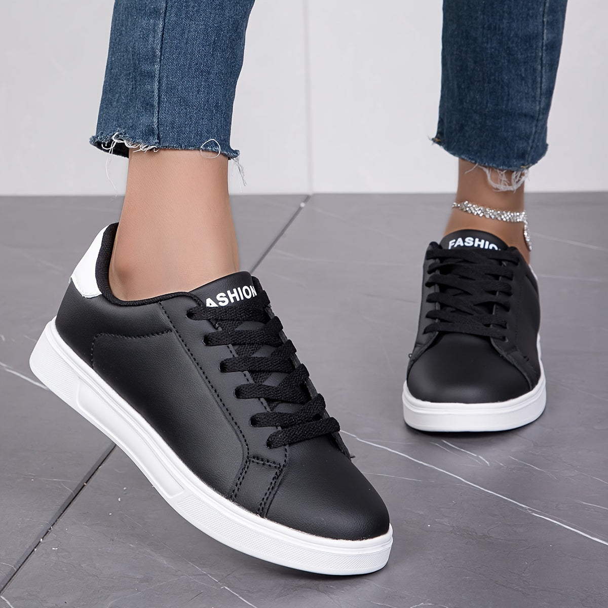 Women's Casual Leather Sneakers - Lightweight Low Top Lace-Up Shoes