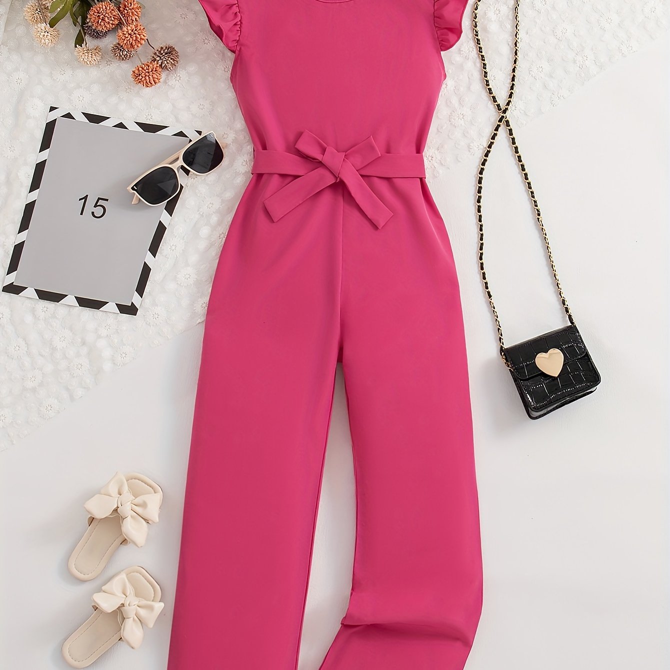 Девочки летний комбинезон без рукавов с рюшей, поясом, круглым вырезом, длинный, повседневный, для прогулок на свежем воздухе