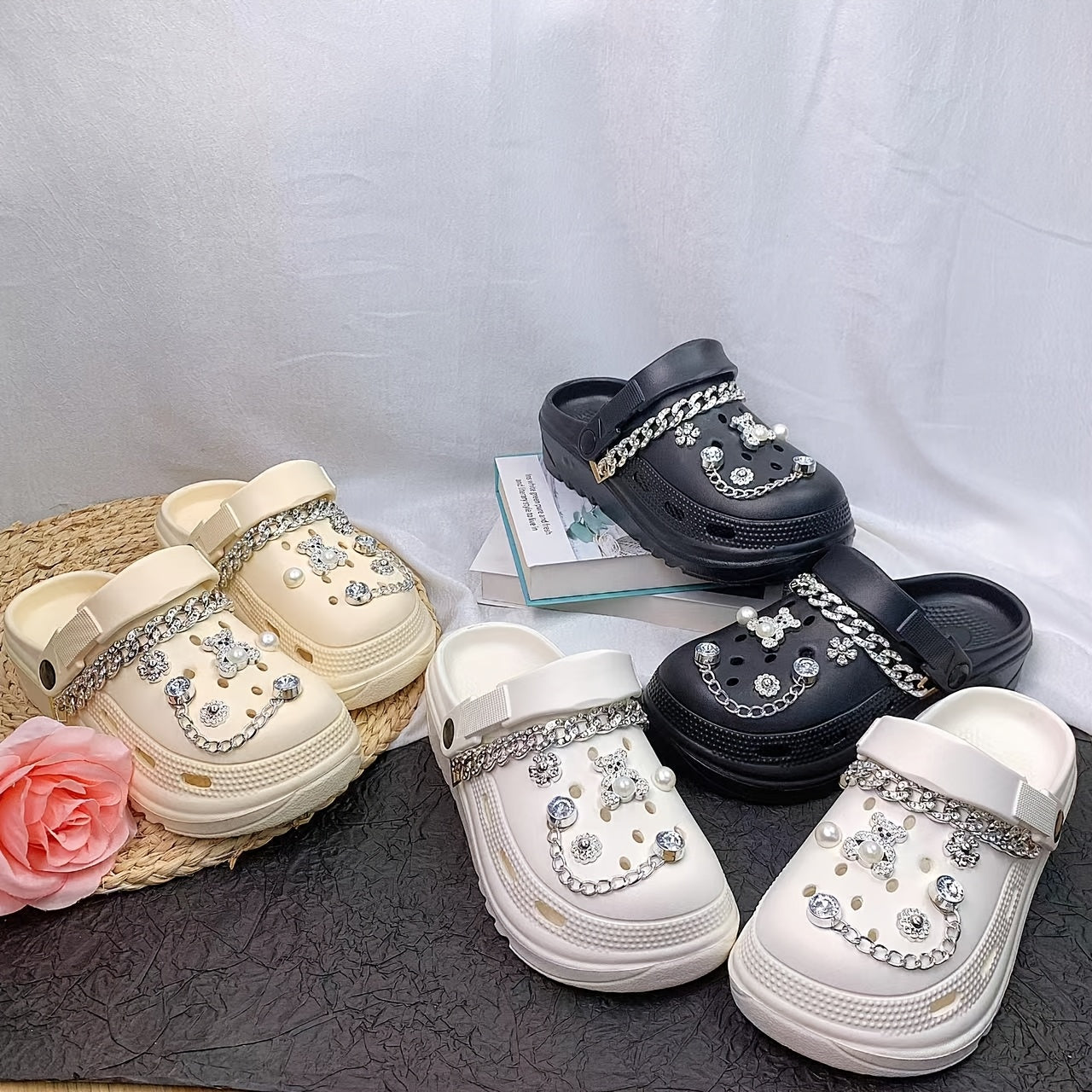 Women's EVA Hole Shoes Versatile Sandals with Rhinestone Chains and Sunflowers