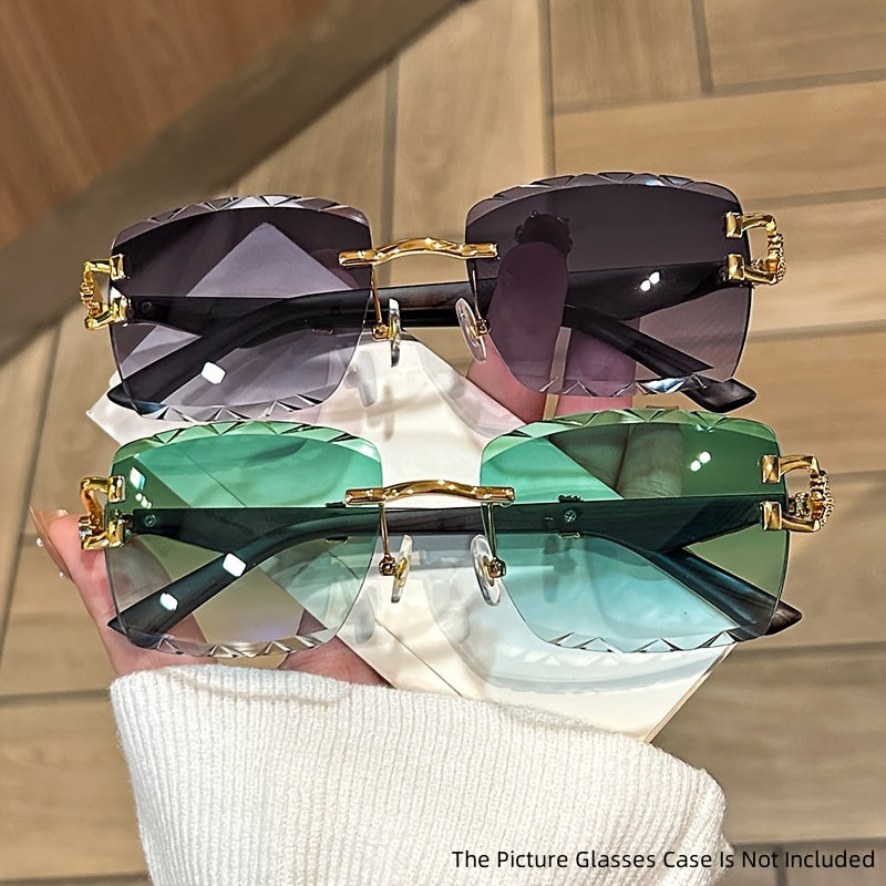 Модные безободковые очки с металлическим леопардовым акцентом и градиентными линзами для пляжа и активного отдыха