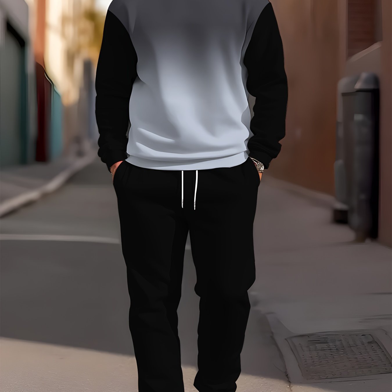 Men's Gradient Color Blocking Long Sleeve Sweatshirt and Sweatpants Set Casual Sportswear