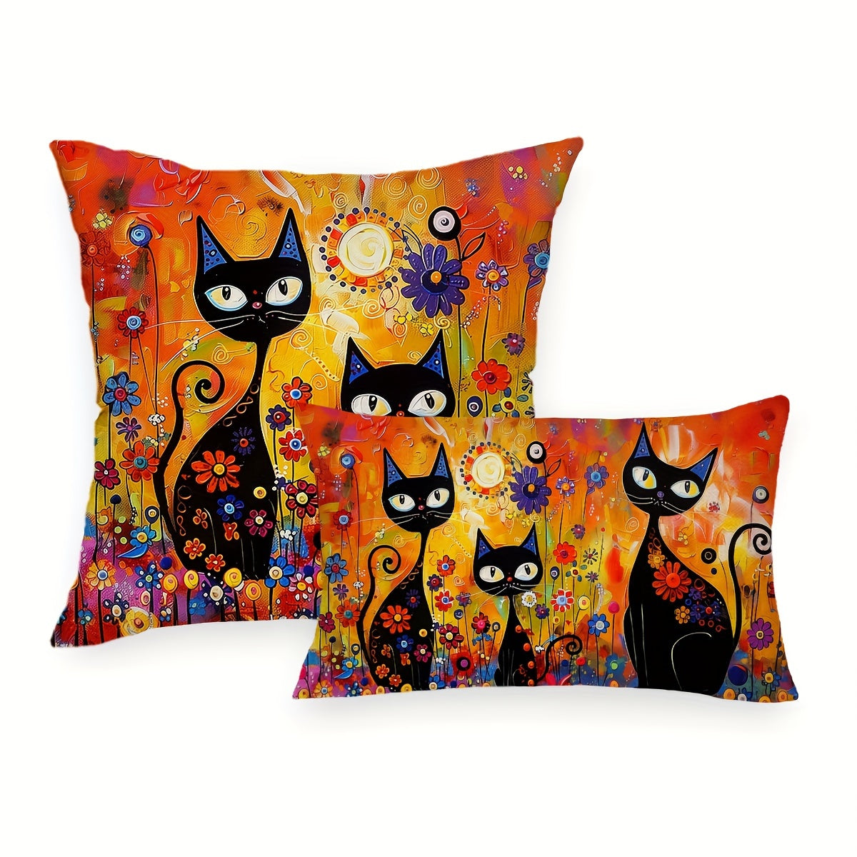 Black Cat Folk Art Throw Pillow Cover Sun Flowers 29.97x50.04cm or 44.96cm Square