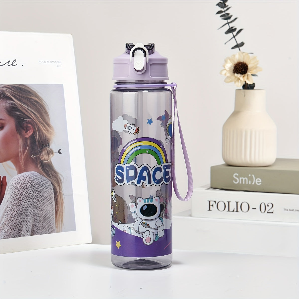 Space-Themed Astronaut Water Bottle with Straw Lightweight PVC-Free for Outdoor and Back-to-School