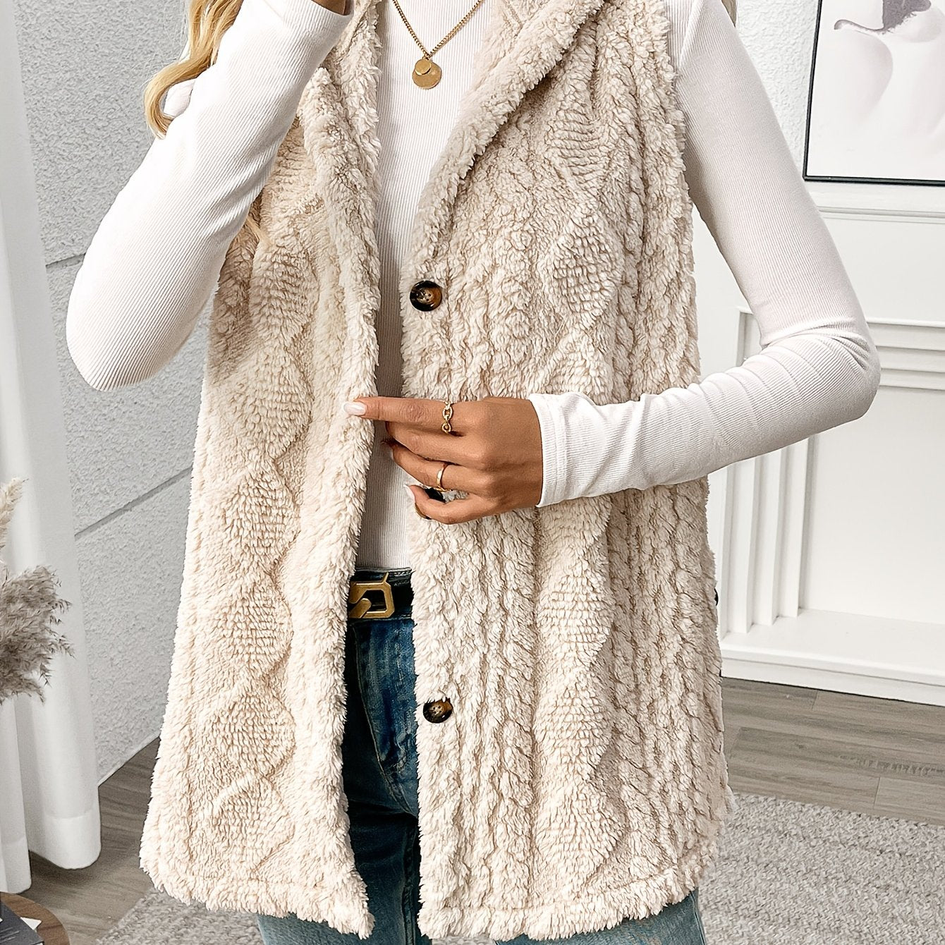 Women's Sleeveless Hooded Vest Solid Color Plush Texture Button Fall Winter Knit Fabric