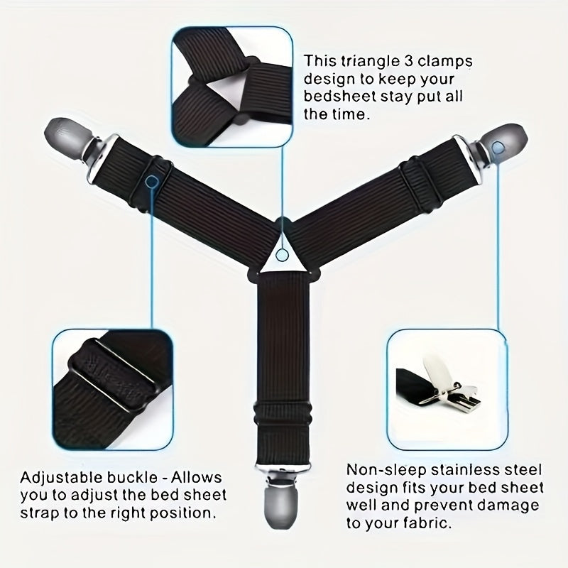 Black Adjustable Bed Sheet Straps Set for Secure Wrinkle-Free Bedding