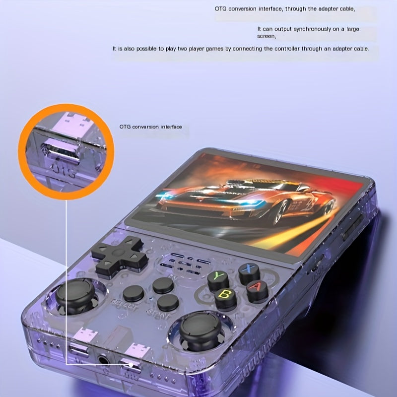 Retro Handheld Game Console 8.89cm IPS Screen Linux 64GB Emulator Rechargeable Battery in White Purple Transparent