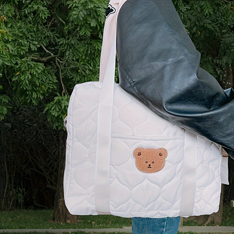 Diaper Bag with Bear Design Stroller-Friendly Travel-Ready Polyester White Black