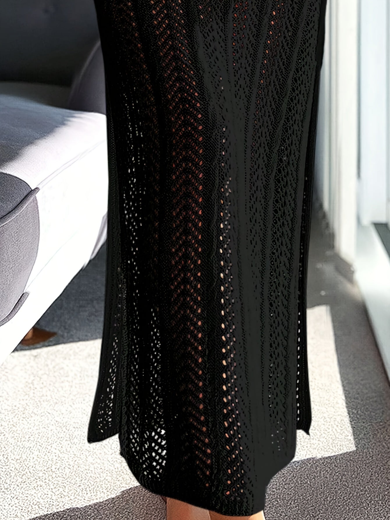 Women's Hollow-Out Beach Cover-Up Dress V-Neck Solid Acrylic Knit Lightweight Summer Spring Fall