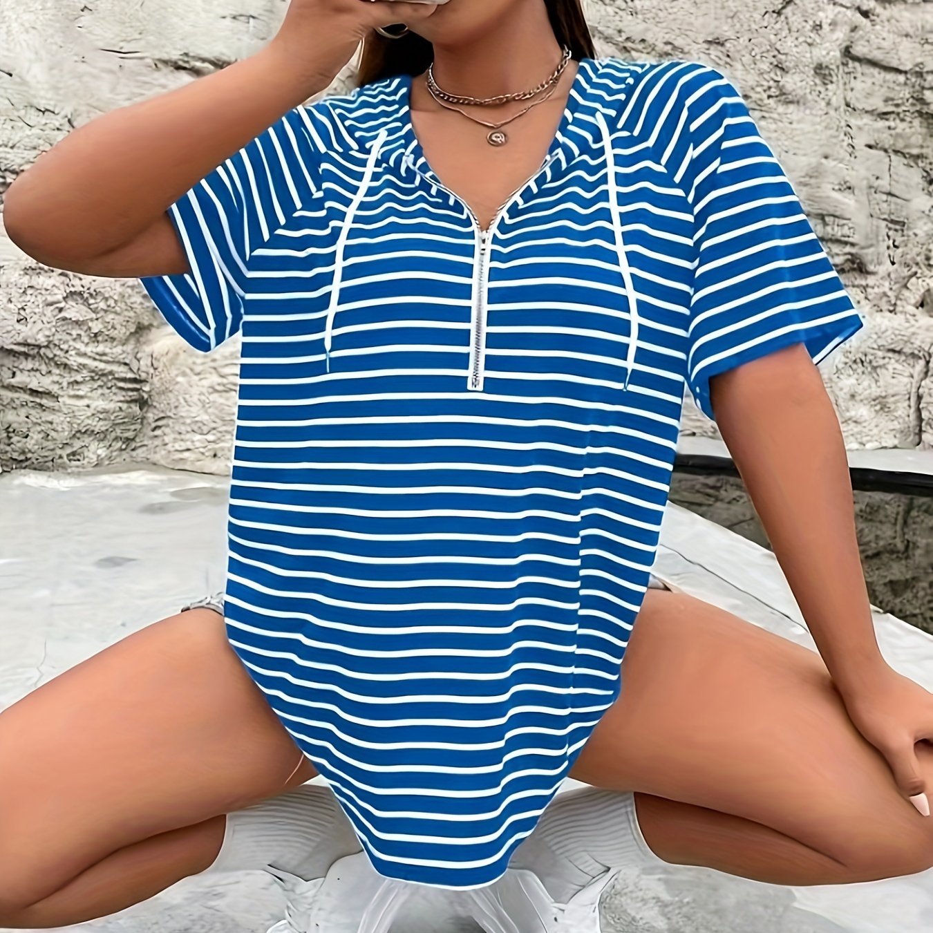 Women's Red and White Striped Hooded T-Shirt with Zipper Drawstring and Kangaroo Pocket