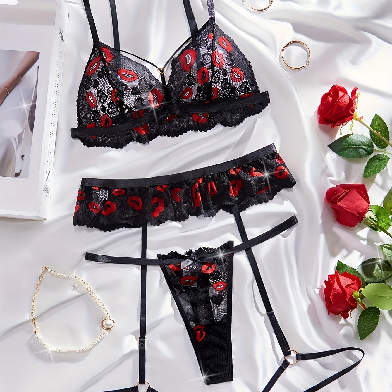 Lingerie Set with Red Lips Print and Bow Details Includes Transparent Bra G-String Garter Belt