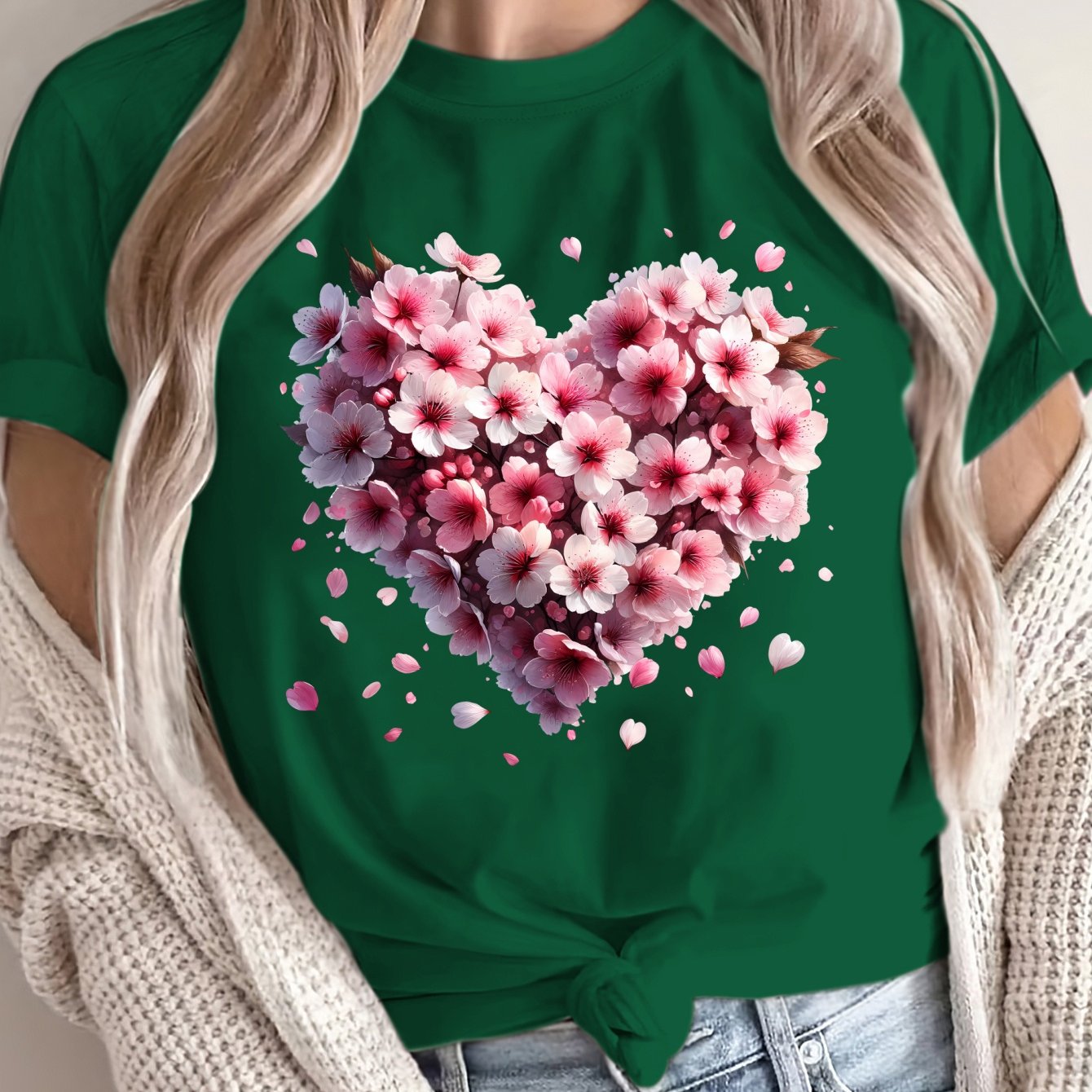 Women Plus Size Loose T-Shirt with Heart Pattern Cotton Short Sleeves