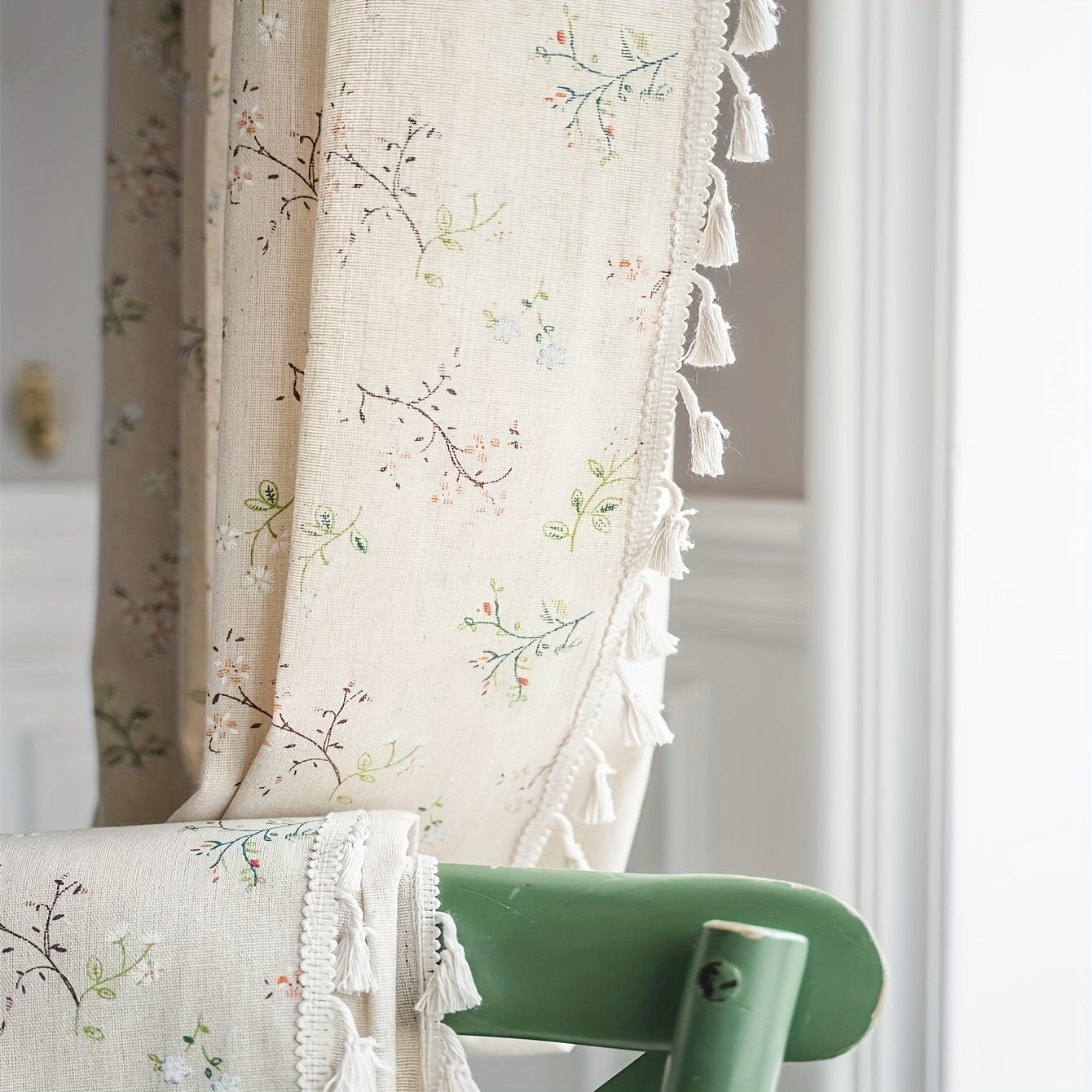 Bohemian Floral Milk-White Linen Curtain with Semi-Shading for Living Room Bedroom Office
