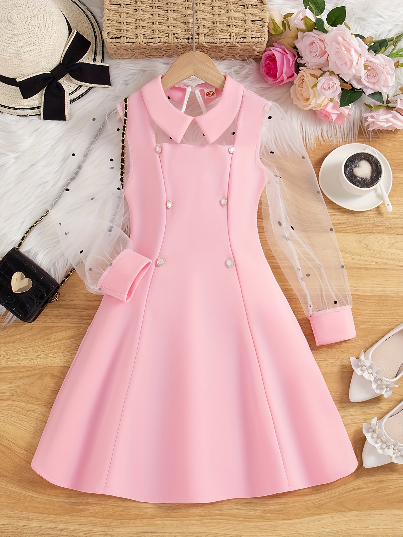 Girls Midi Dress with Mesh Overlay Long Sleeves Solid Color Summer Fashion Fake Buttons