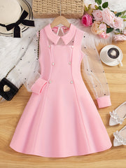 Girls Midi Dress with Mesh Overlay Long Sleeves Solid Color Summer Fashion Fake Buttons