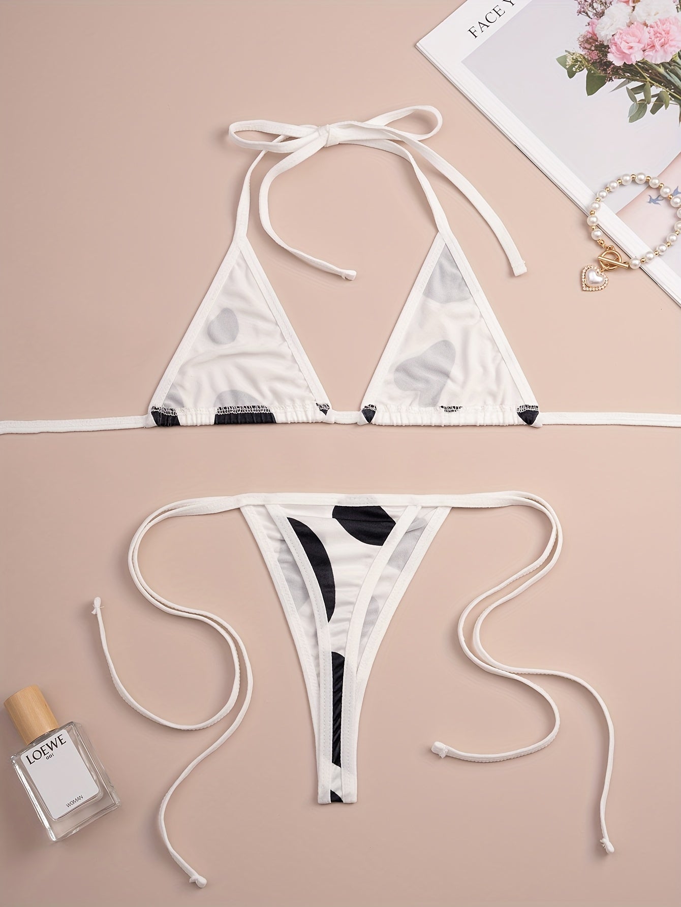 Women’s Cow Print Halter Neck Lingerie Set with Adjustable Straps