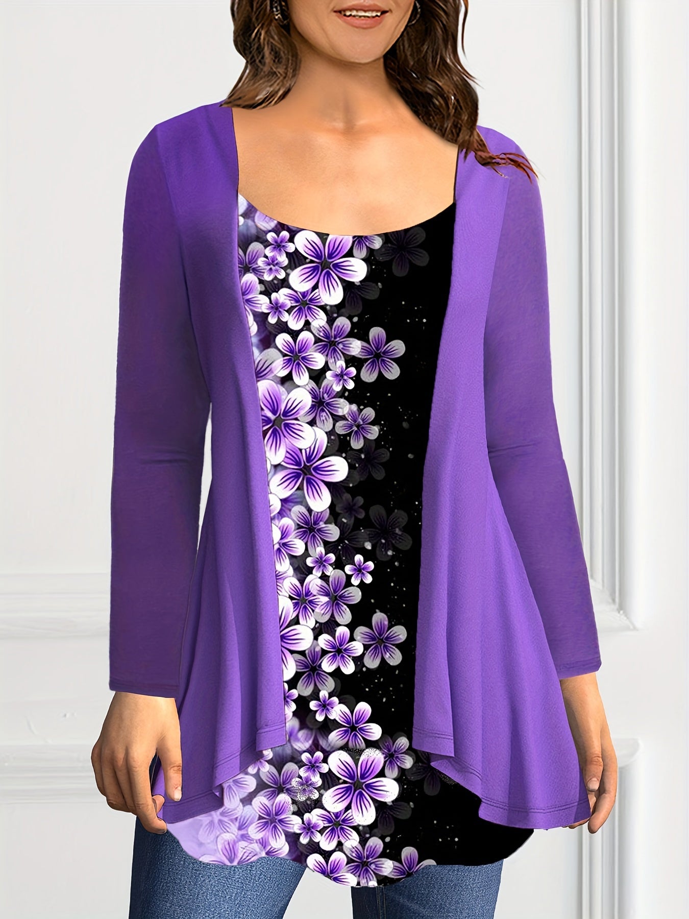 Women's Plus Size Floral Print Cardigan Lightweight Long Sleeve Spring Fall