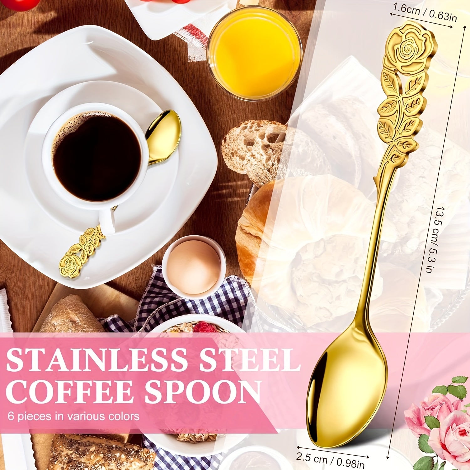 Set of 6 Rose-Shaped Stainless Steel Coffee Spoons for Kitchen and Dessert