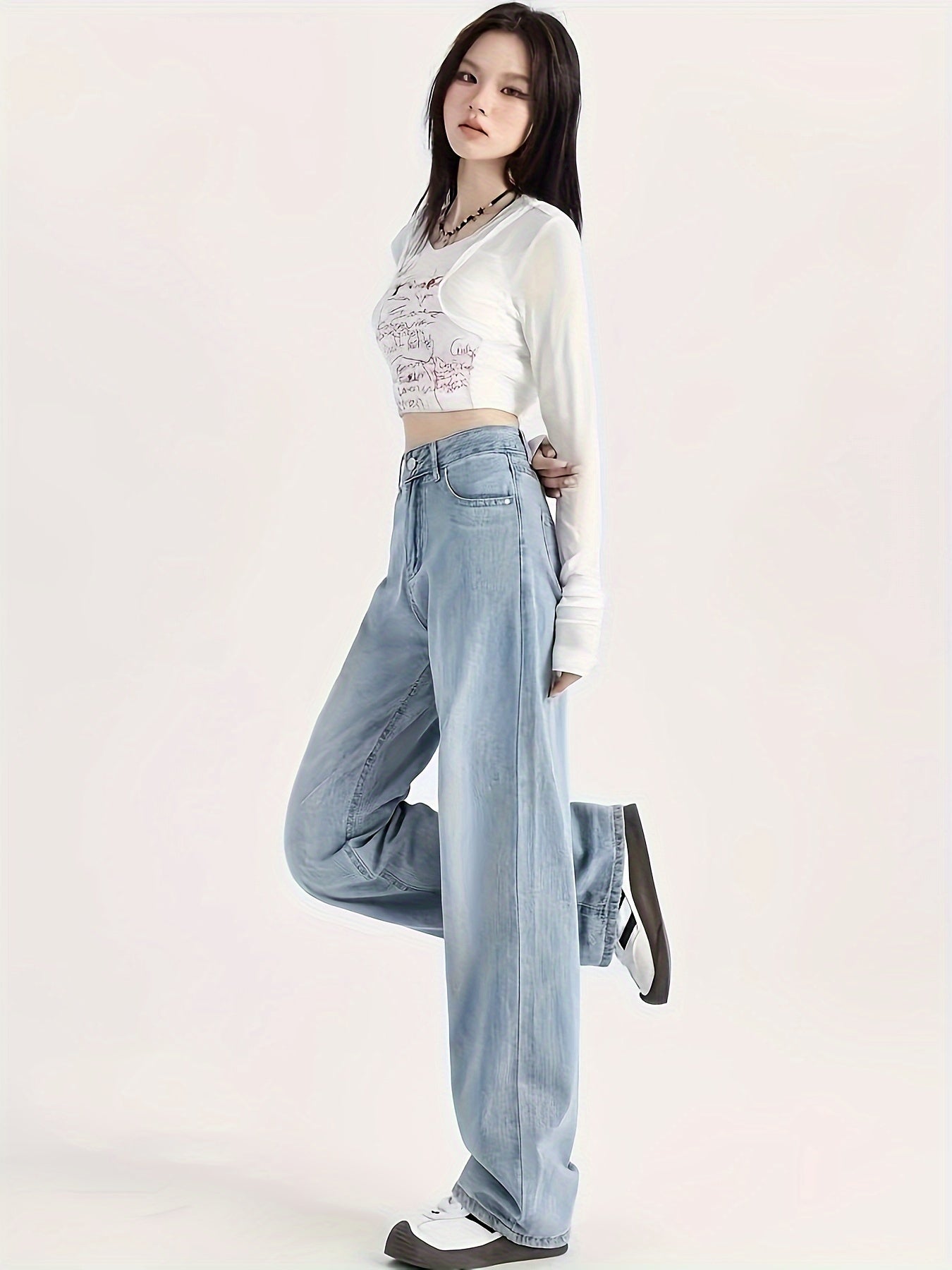 Plus Size Women's Wide Leg Denim Jeans Cotton Polyester All Season High Waist