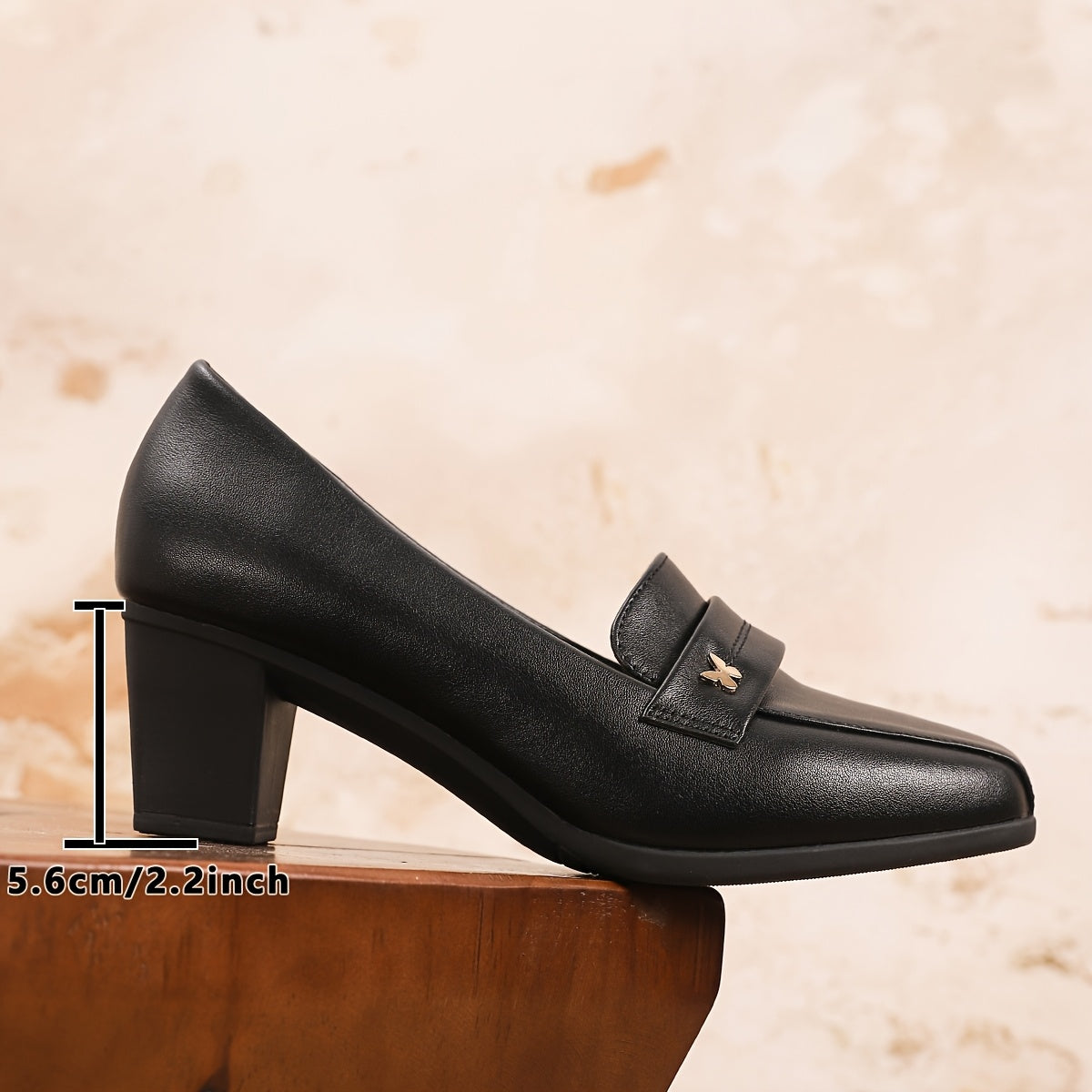Women Black Block Heel Square Toe Pumps with Gold Butterfly Buckle