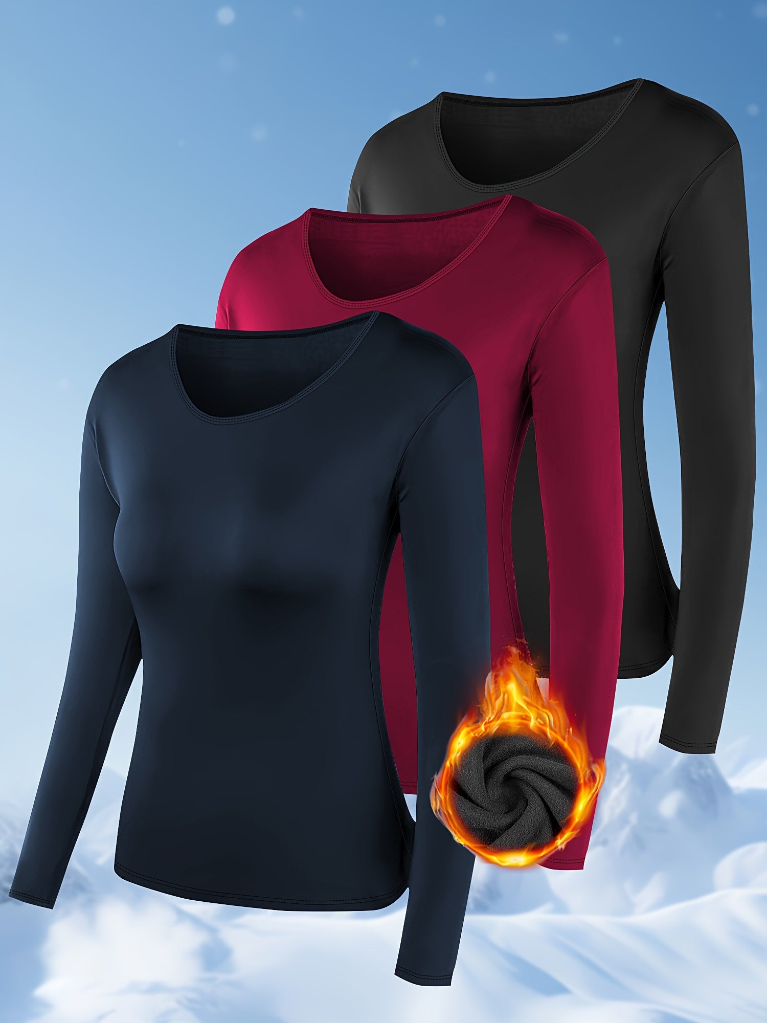 Plus Size Women Fleece Winter Warm Underwear Top Solid Color 3-Pack