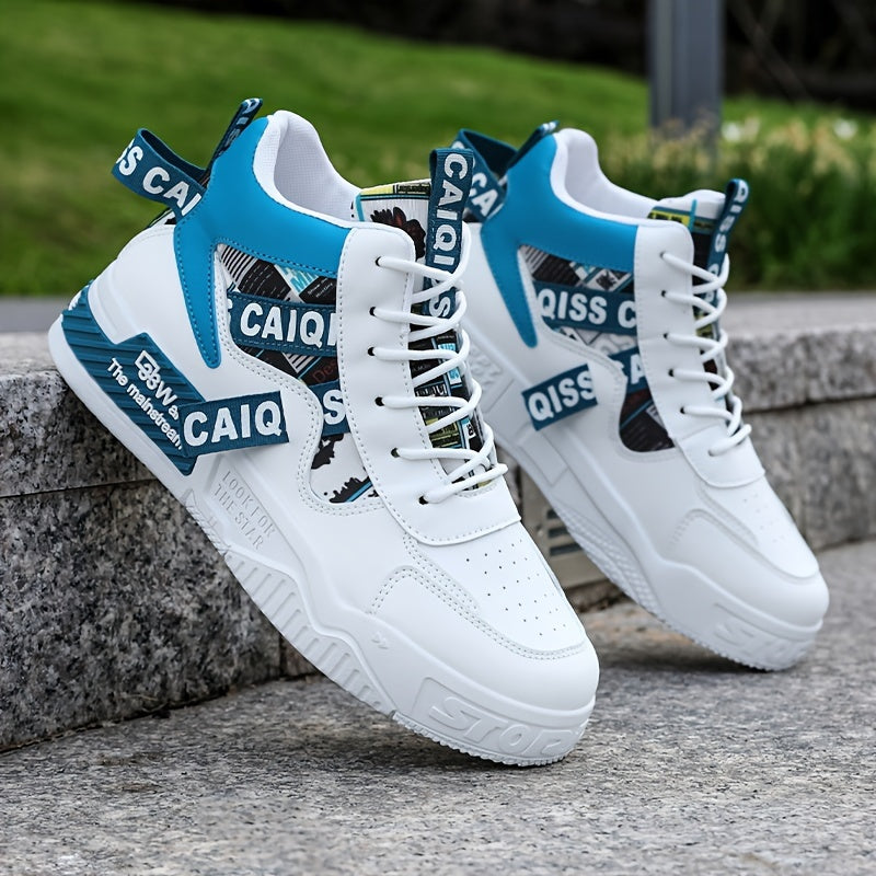 Men's High-Top Lace-Up Sneakers with Cartoon Accents Breathable Faux Upper for Running and Skateboarding