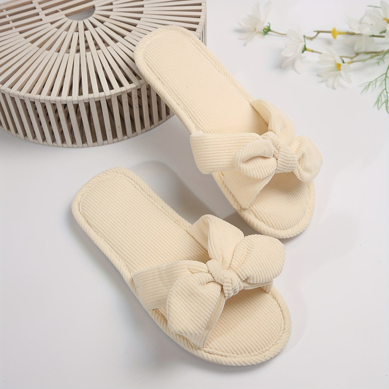 Women's Plush Slippers with Bowknots Indoor Outdoor Striped Fabric