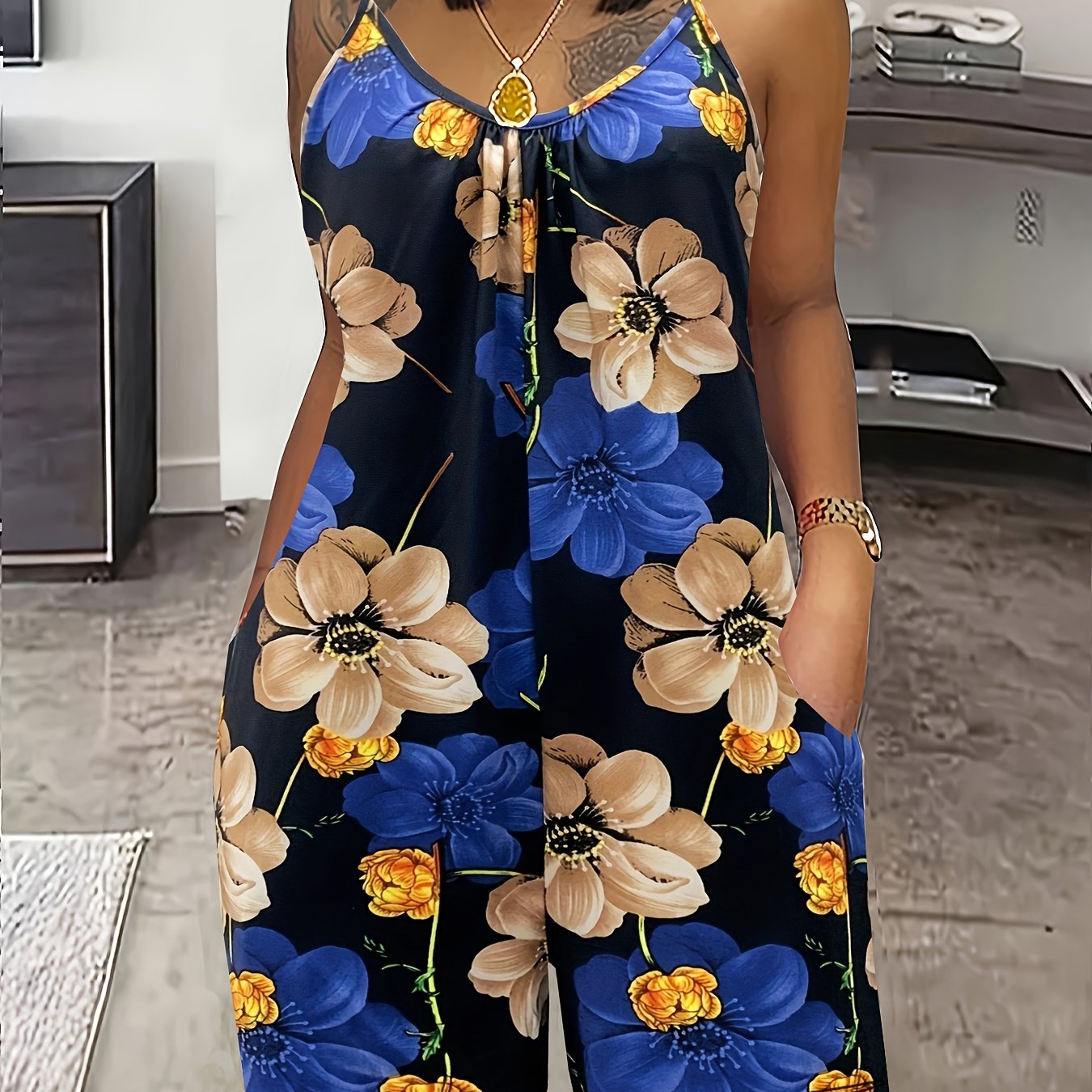 Plus Size Women's Floral Print Jumpsuit Black Blue Spaghetti Pockets Casual