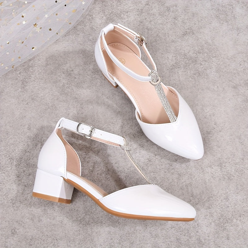 Girls Spring 2024 Princess Shoes with Rhinestones Low Top Pointed Toe High Heels