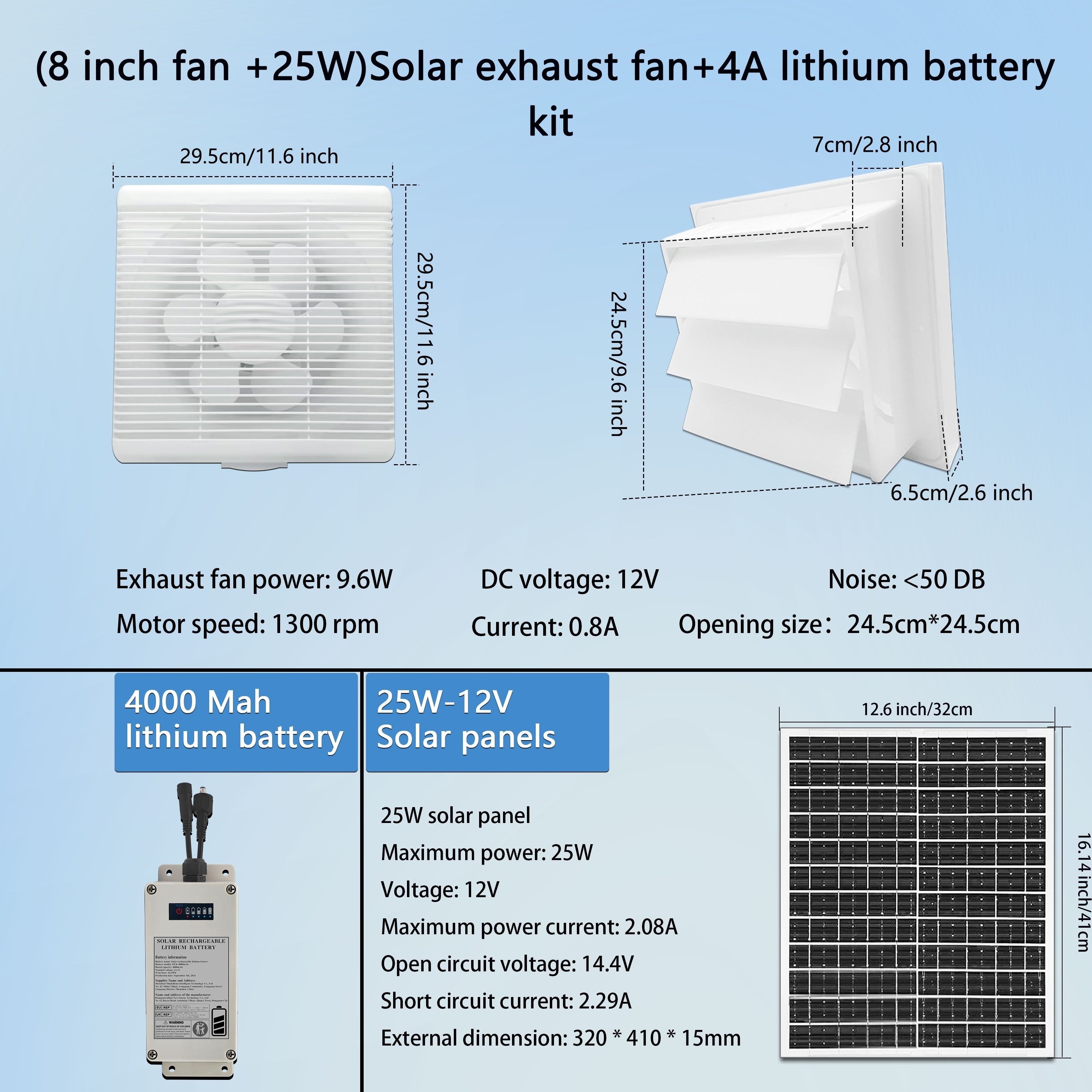 Qayta tiklanadigan batareyali quyoshli ventilyator, 25W quyoshli ventilyator to'plami va 8 dyuymli ventilyator bilan ishlaydi, issiqxona, ichki joylar va kichik binolar uchun mos.