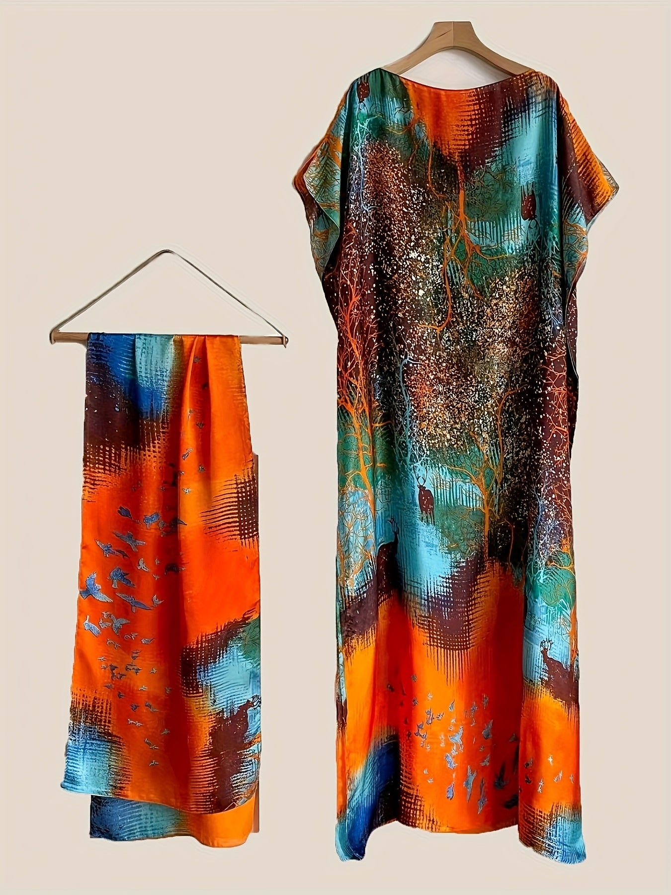 Plus o'lchamli ayollar uchun gul bosma kaftan kiyi va sharf bilan uzun tunik