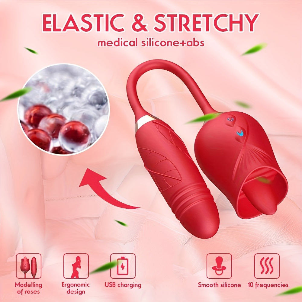 Women Rose Vibrator 3-in-1 Clitoral Tongue Thrust G-Spot Massager
