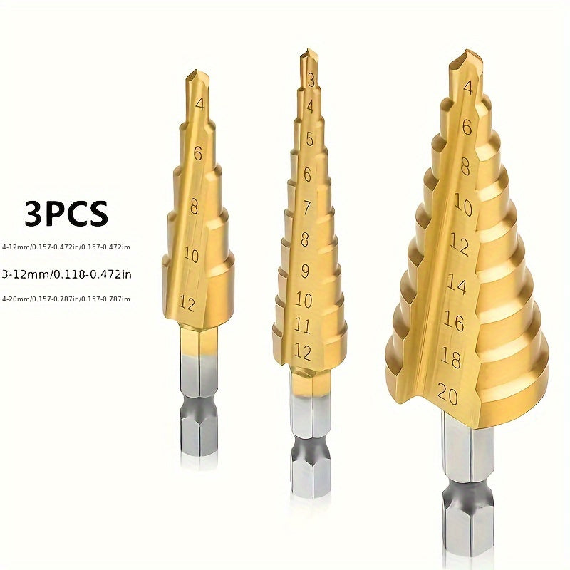 3pc Titanium-Coated HSS Step Drill Bit Set for Metal and Wood High Precision Durable