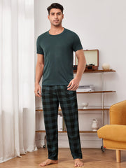 Men's Dark Green Pajama Set with Short Sleeve Crew Neck Top and Plaid Trousers