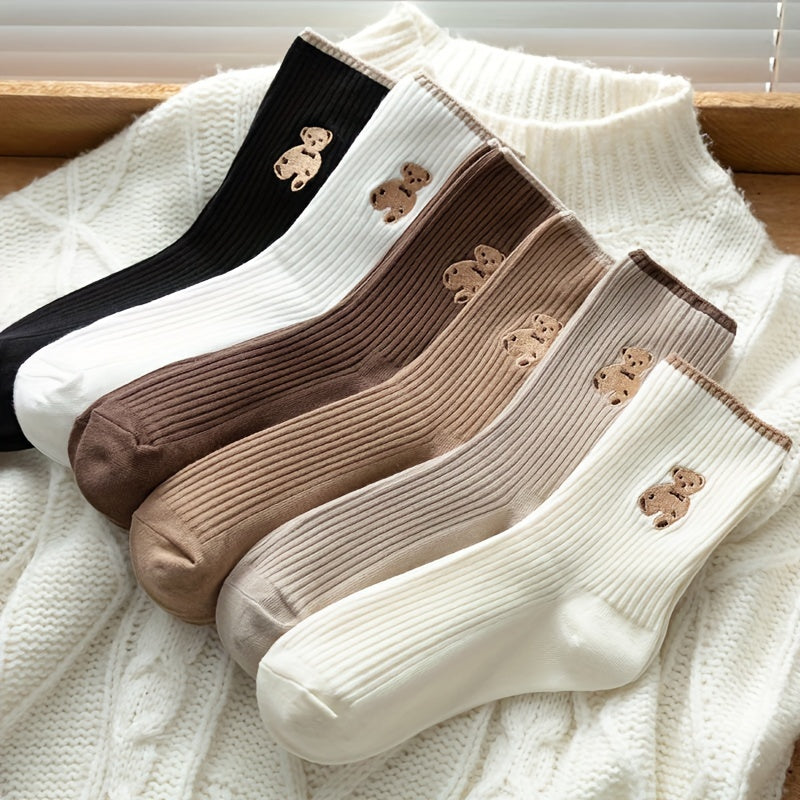 Women’s Bear Pattern Mid Tube Socks 5 Pairs Breathable Knit Cotton